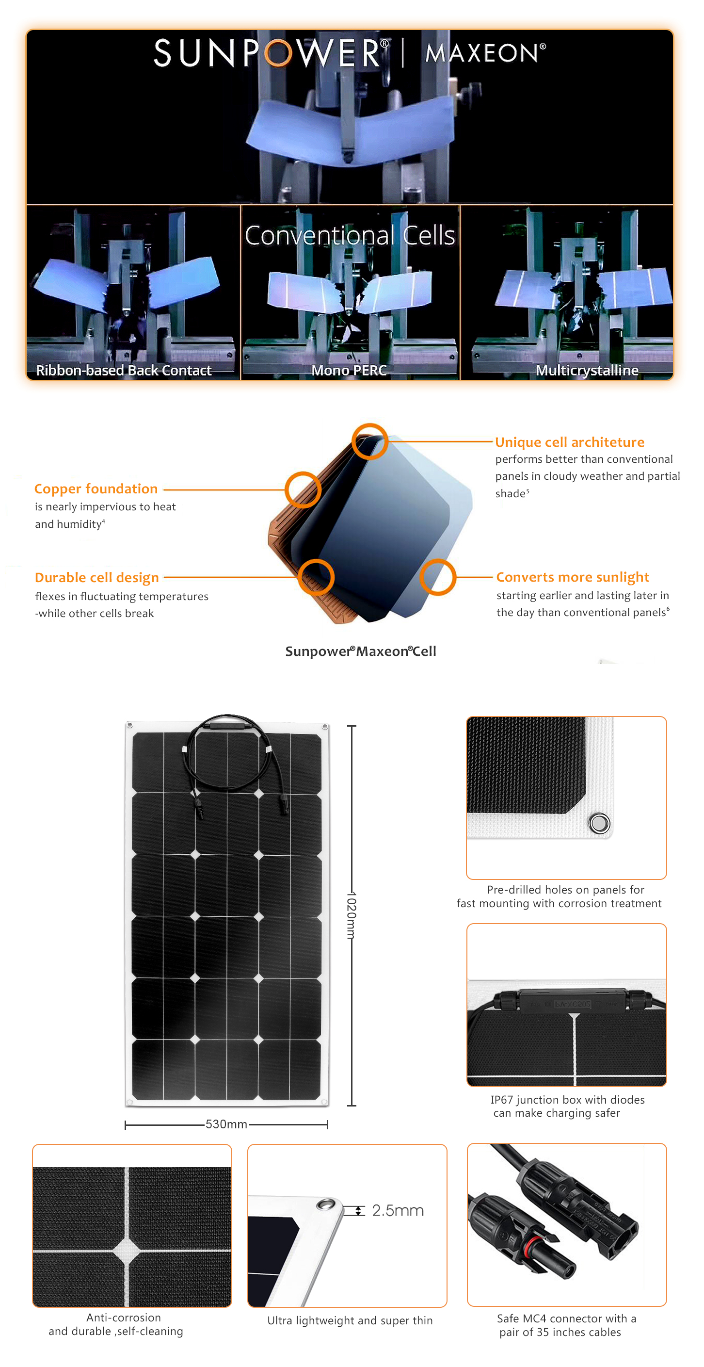 EYONGPV-105W Sunpower ETFE Flexible Bendable Black Transparent Solar Panel