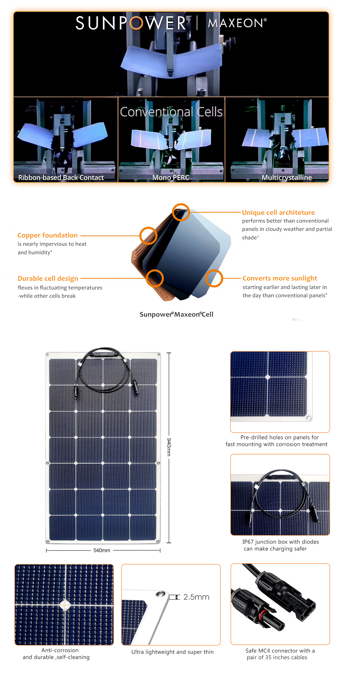 EYONGPV-95W Sunpower ETFE Flexible Bendable Black Transparent Solar Panel